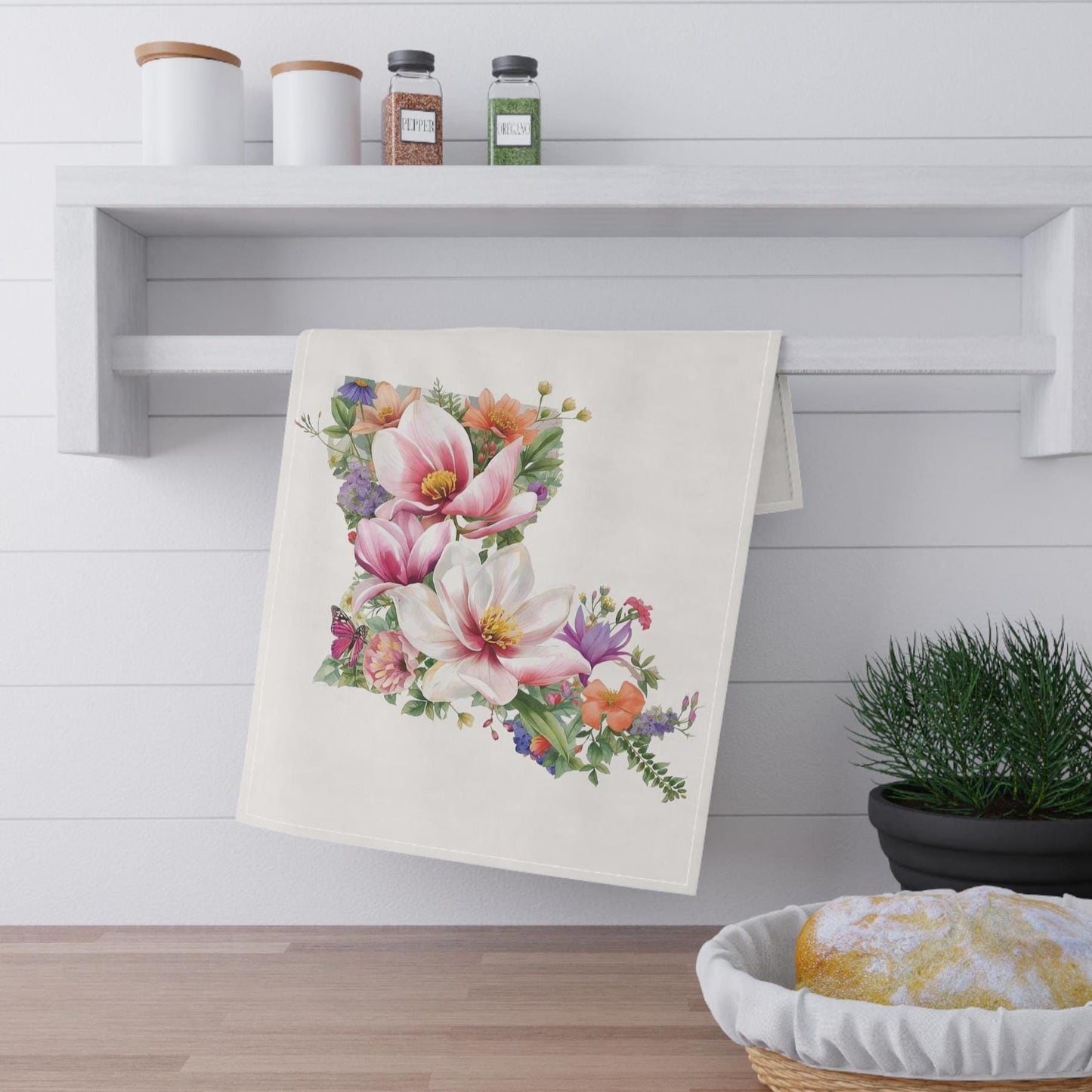 Floral Louisiana Magnolia Kitchen Towel, LA State Map