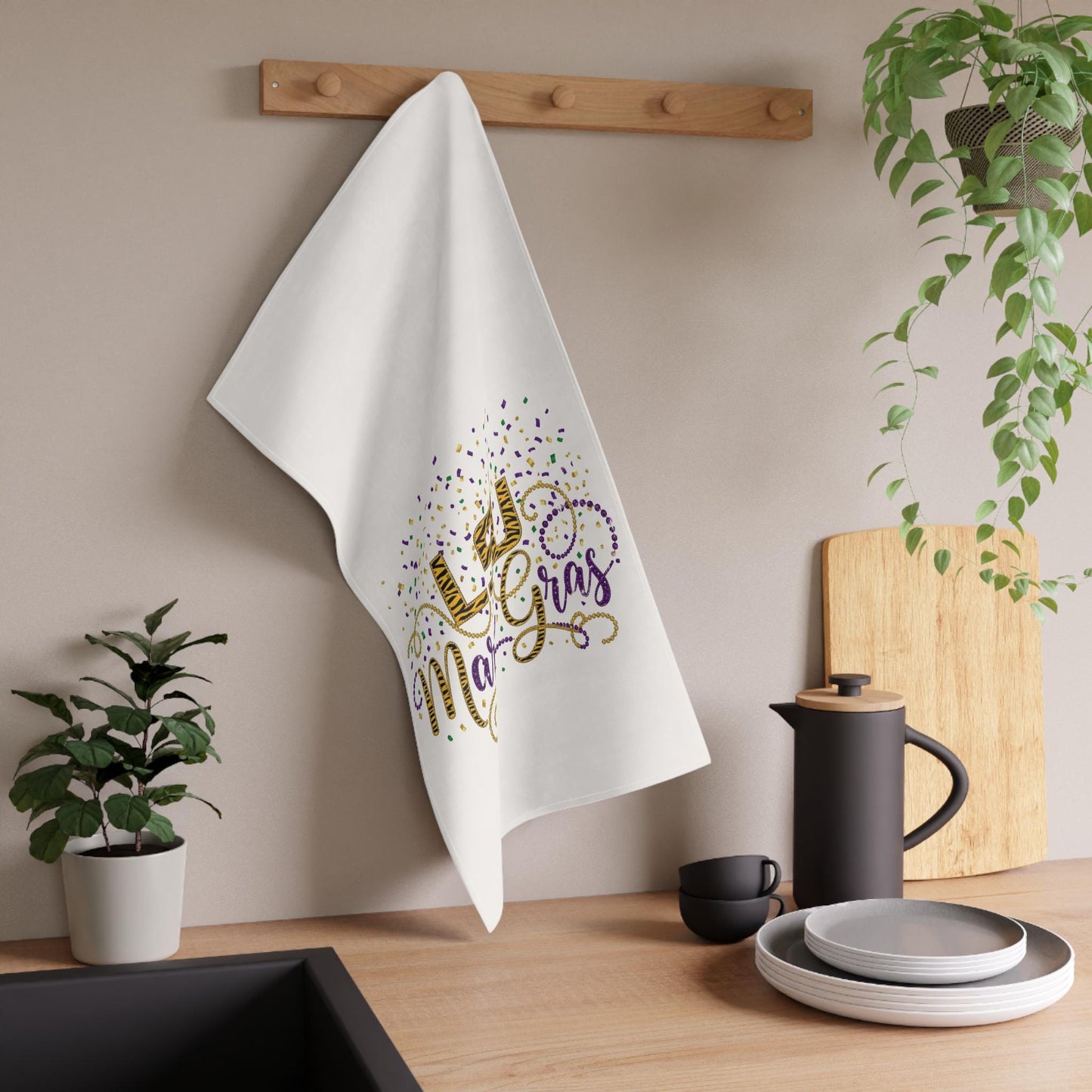 LSU Mardi Gras Kitchen Towel, Purple Gold Confetti Design