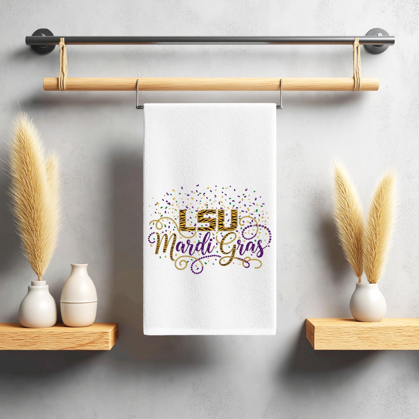 LSU Mardi Gras Kitchen Towel, Purple Gold Confetti Design
