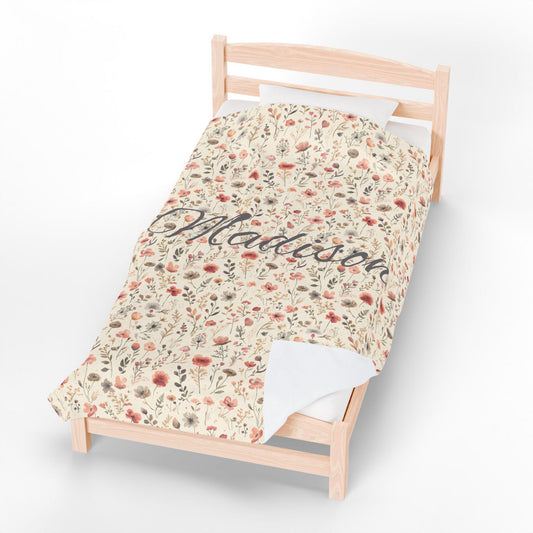 Personalized Boho Wildflower Velveteen Blanket, Plush Floral Baby Blanket