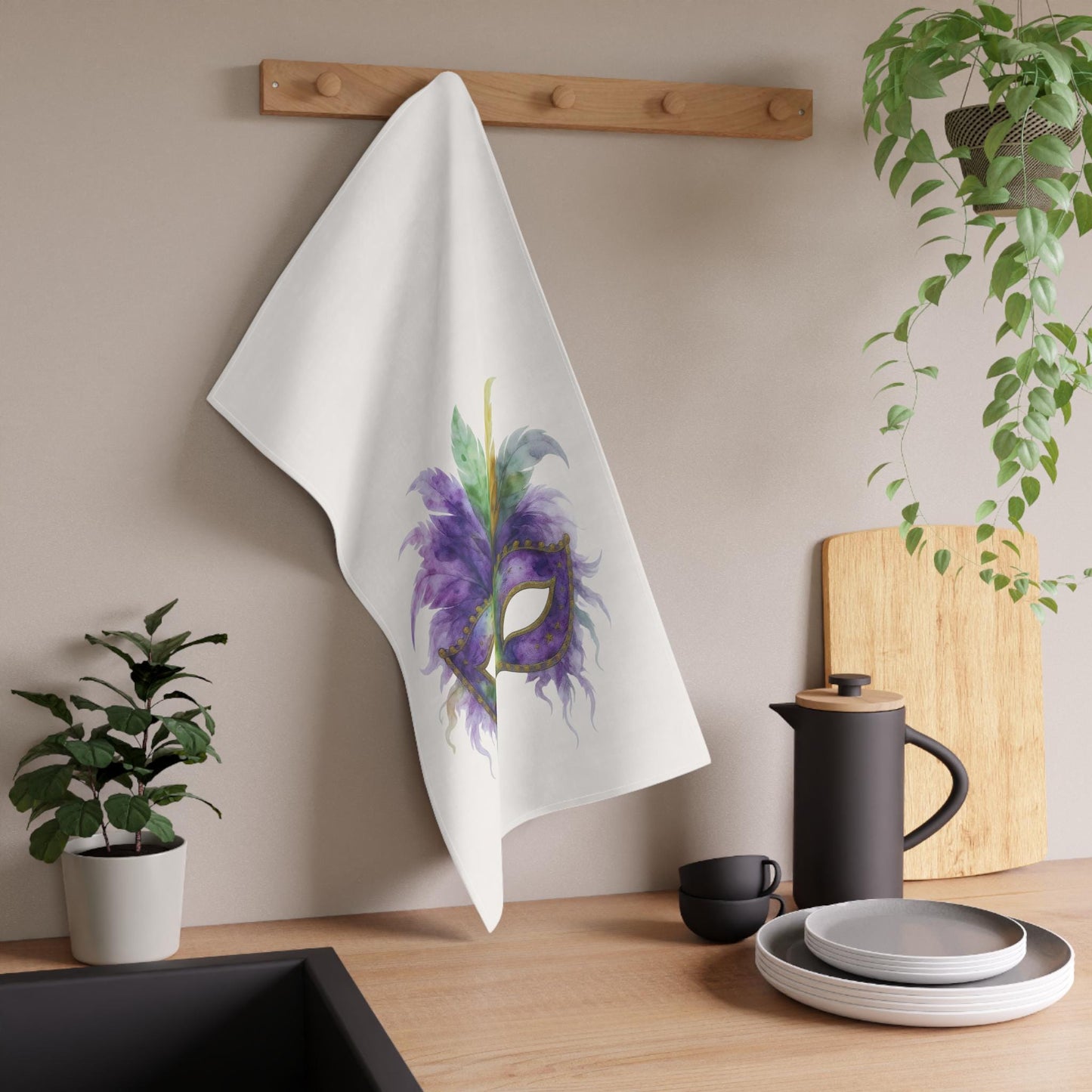 Mardi Gras Mask Kitchen Towel | Watercolor Carnival Decor