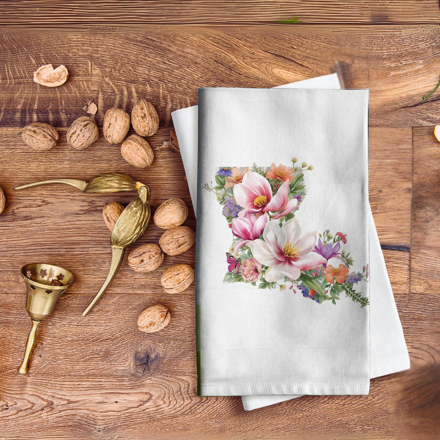 Floral Louisiana Magnolia Kitchen Towel, LA State Map